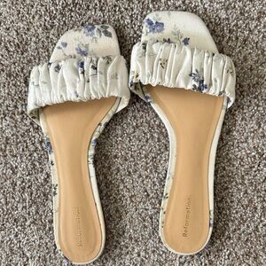 Reformation Marcella Ruched Flat Slides.